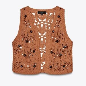 [🌟 PRICE FIRM] 🌞 ZARA Beaded Knit Vest Macrame Terracotta Rust Crochet M